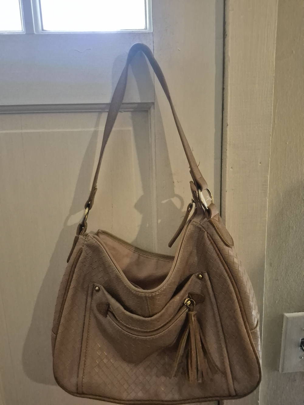 Bueno Beige Shoulder Bag with Tassel Accent